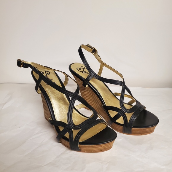 Seychelles Kick up your heels wedge black tan strappy ankle strap open toe 8.5 - Picture 3 of 7